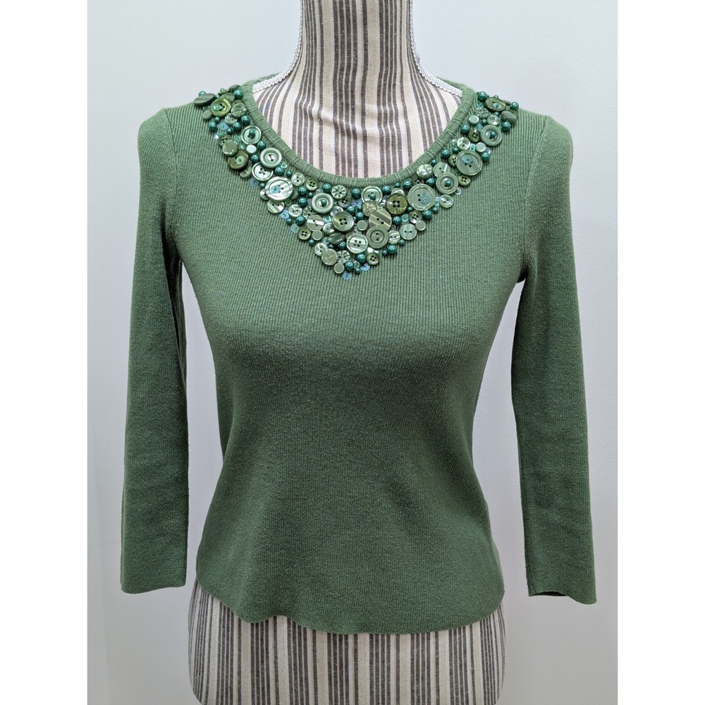 Sigrid Olsen Knit Green Silk Embellished Sweater 3/4 Sleeves Size XS Petite